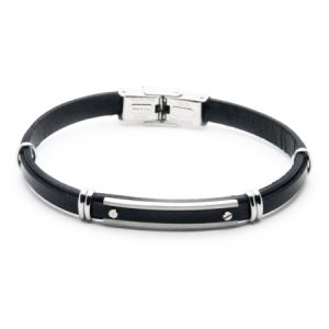 H2on Men’s Italian Leather Bracelet with ID Plate (Black)